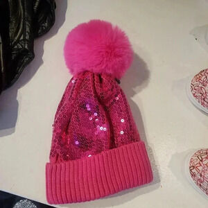 Pink Sequin Beanie with Pom Pom